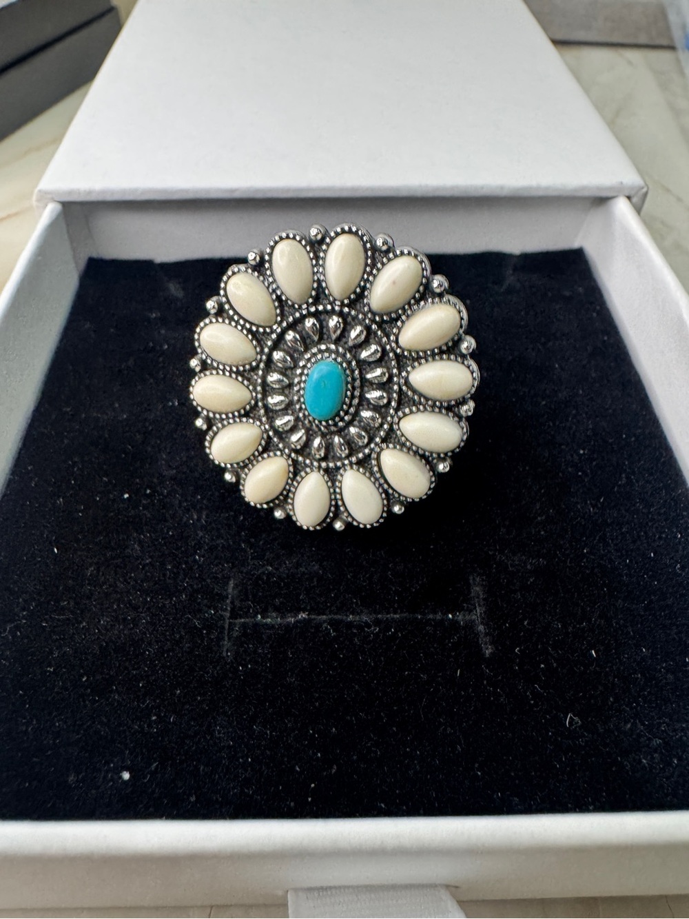 Turquoise Center White Petal Statement Ring - Women Jewelry
